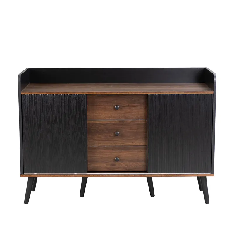 Comodă cu 3 sertare, uși glisante în dungi, 117,5x39,5x80 cm, Negru