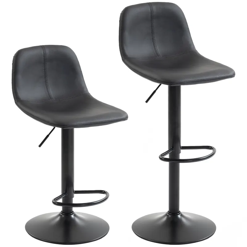 HOMCOM Set de 2 taburete de bar, scaune de bar cu înălțime reglabilă, spătar și suport picioare, rotative 360°, picioare din oțel, negru