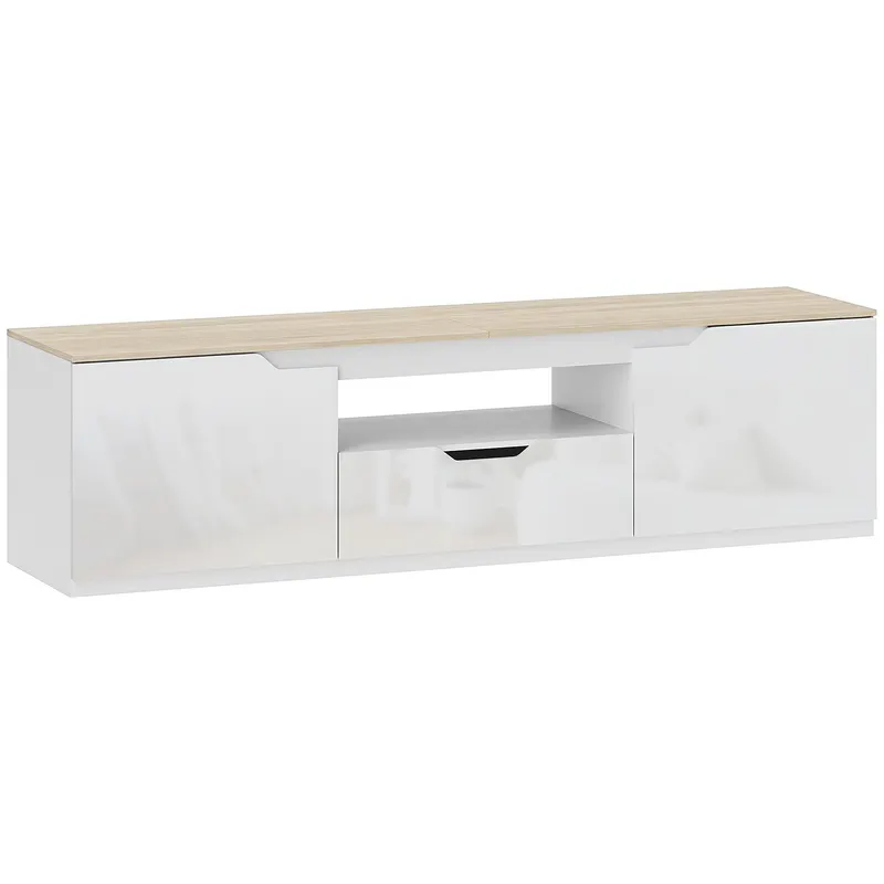 HOMCOM Lowboard TV, lucios, pentru televizoare de până la 165 cm, 3 compartimente, sertar, 160 x 38 x 43 cm, lemn natural