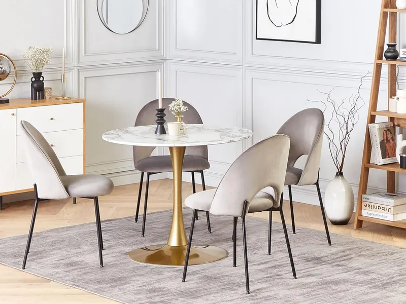 MAU205 - Masa dining, bucatarie, 90 cm, masuta hol, living, dormitor - Auriu - Alb Imitatie de Marmura