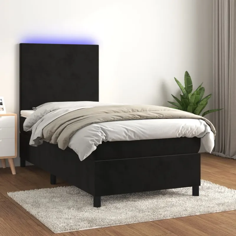 pat continental cu saltea si led, negru, 80x200 cm, catifea