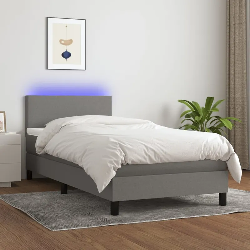 pat cu arcuri, saltea si led, gri inchis, 100x200 cm, textil