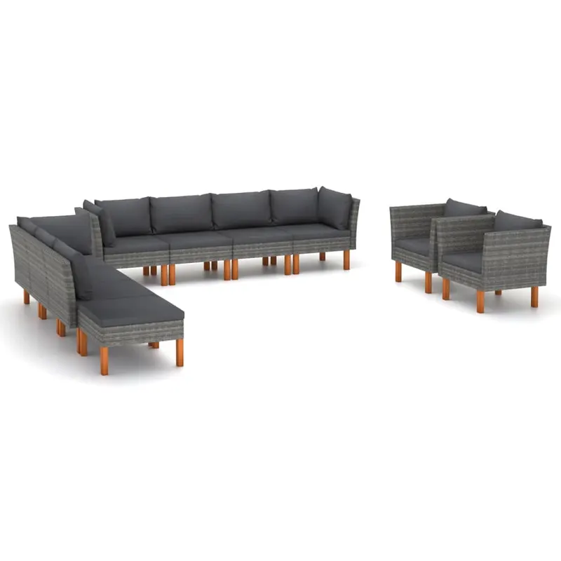 set mobilier gradina, 10 piese, gri, poliratan si lemn eucalipt