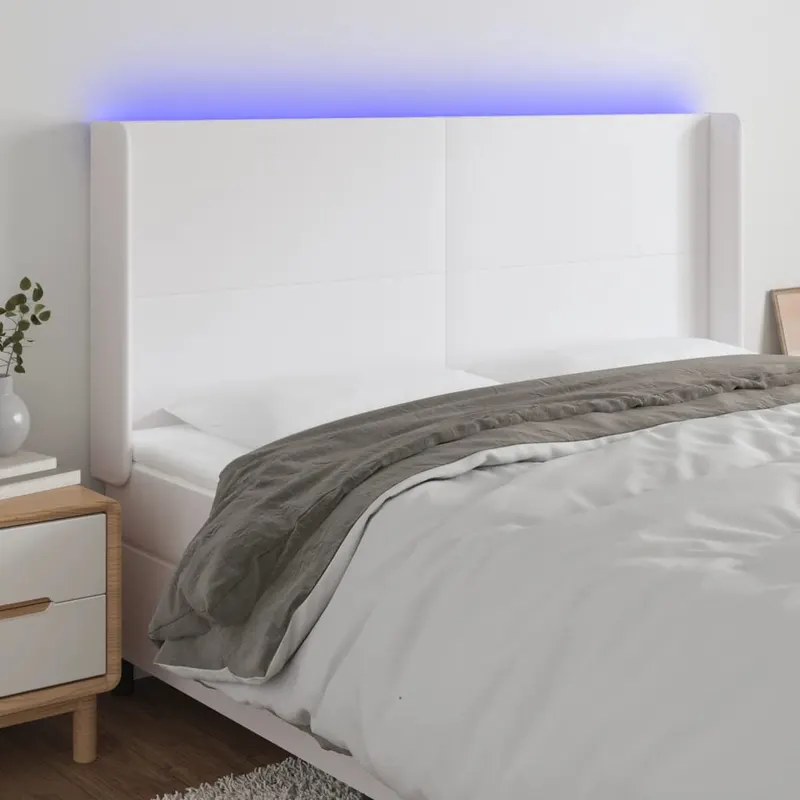 tablie de pat cu led, alb, 183x16x118/128 cm, piele ecologica