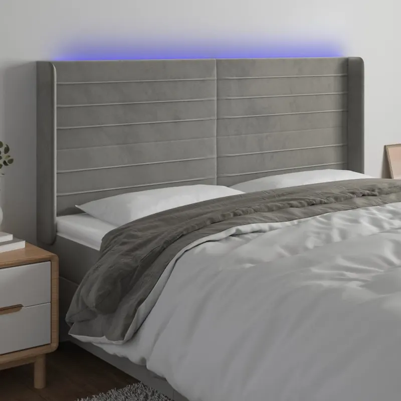 tablie de pat cu led, gri deschis, 203x16x118/128 cm, catifea