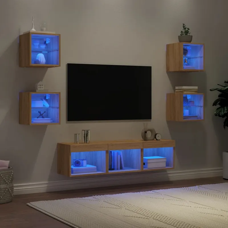 unitati de perete tv cu led-uri, 7 piese, stejar sonoma, lemn