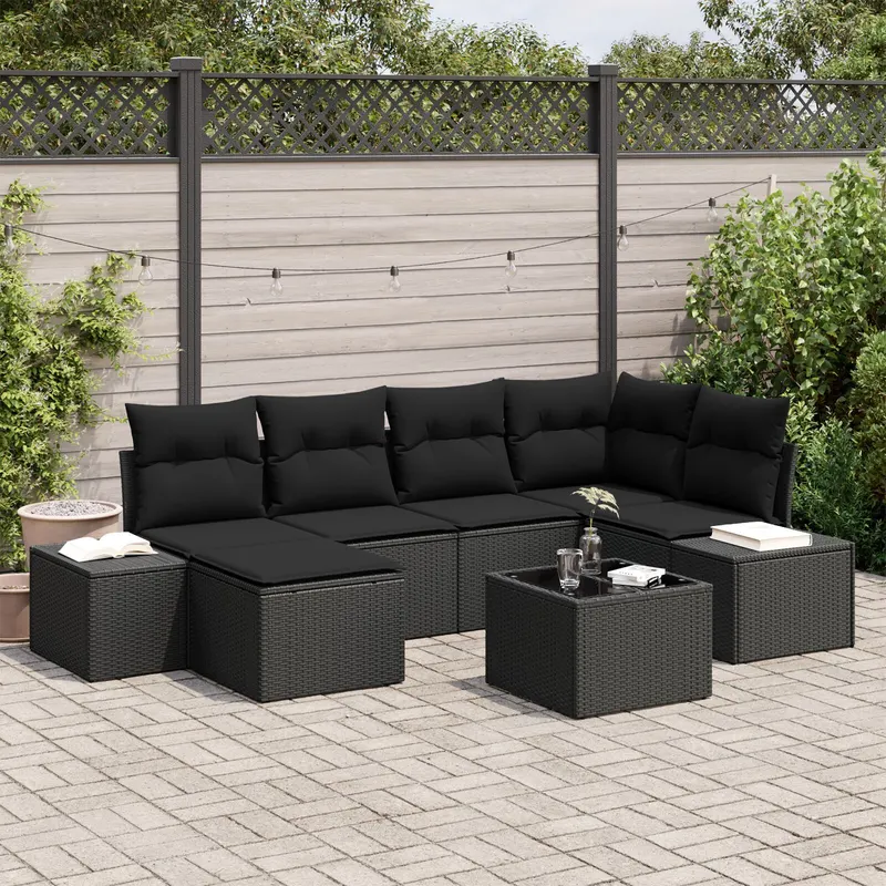 set canapea de gradina cu 7 piese si perne bej din ratan polimer