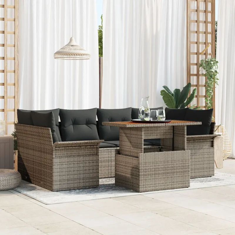 set de canapele de gradina format din 7 piese cu perne gri din poliratan si acacia