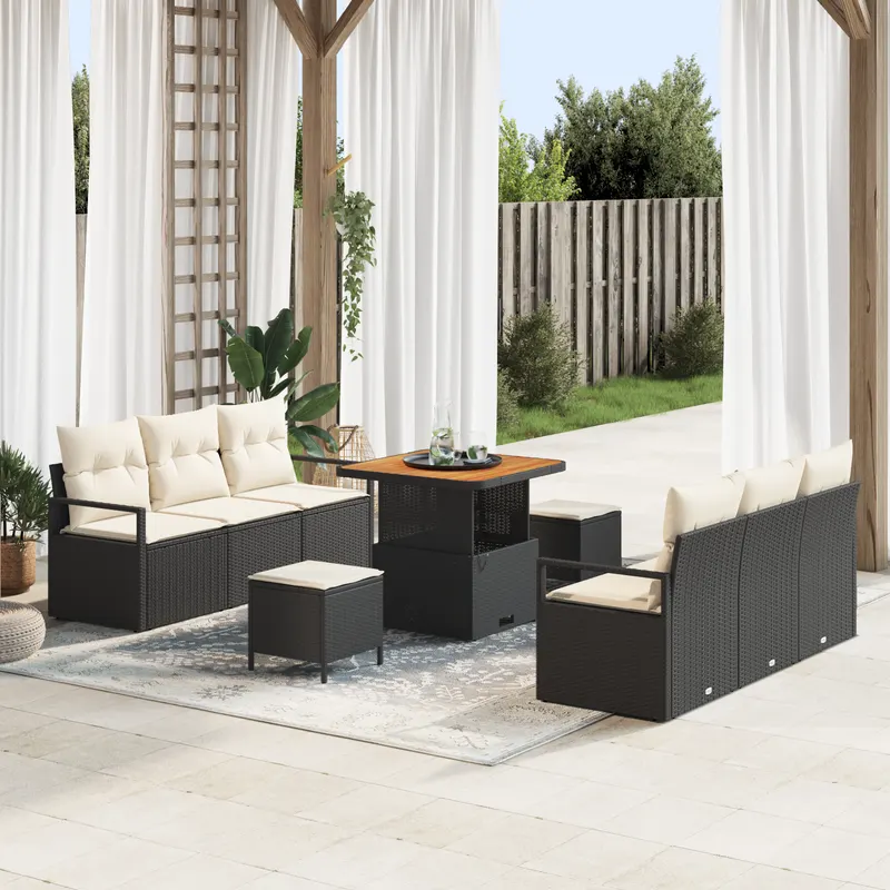 Set canapea gradina 9 piese cu perne negru ratan poli acacia, canapea gradina 2 locuri cu perne negru ratan poli, set dining gradina 3 piese cu perne negru ratan poli acacia