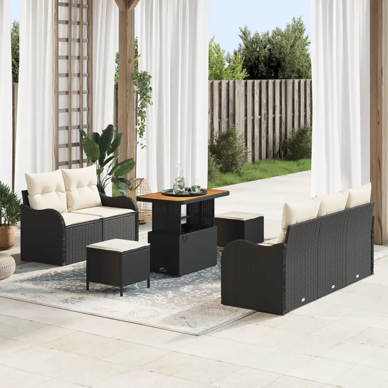 Set de canapea pentru gradina cu 8 piese si perne - ratan poliratan negru, canapea de gradina cu 2 locuri cu spatiu de depozitare si perne - ratan poliratan negru, set de dining pentru gradina cu 3 piese si perne - ratan poliratan negru