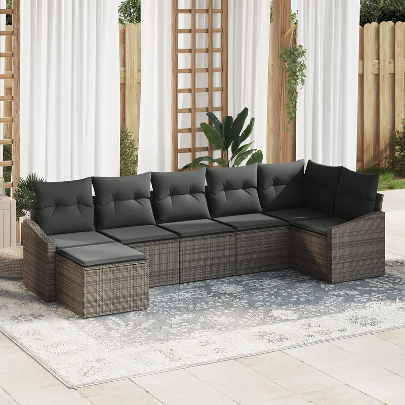 set dining gradina cu perne gri din ratan pe