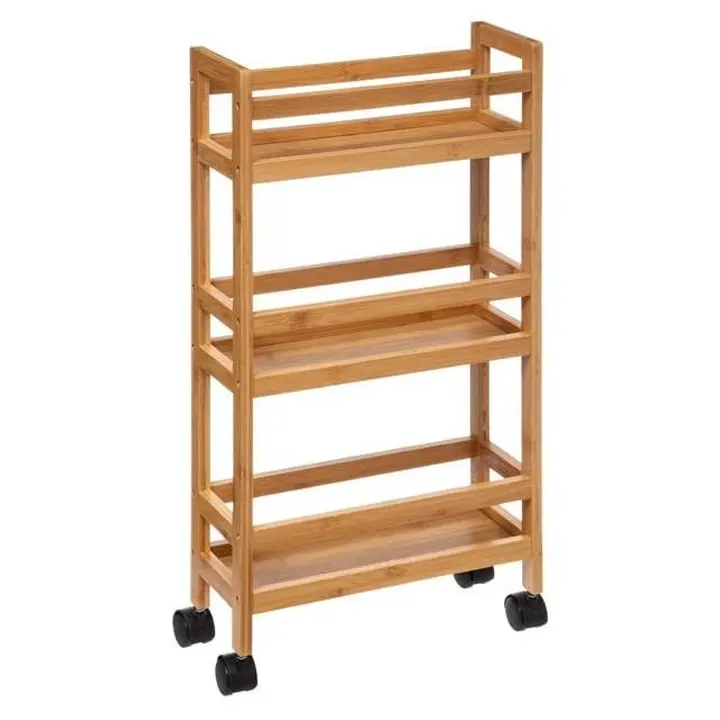 Etajera mobila bambus 3 rafturi pe roti, 36x15x74 cm, compacta practica, bej