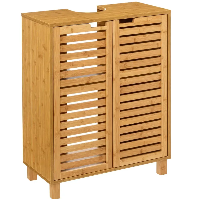 Dulap baie bambus si mdf pentru lavoar, 60x28x80 cm, depozitare organizata, natur