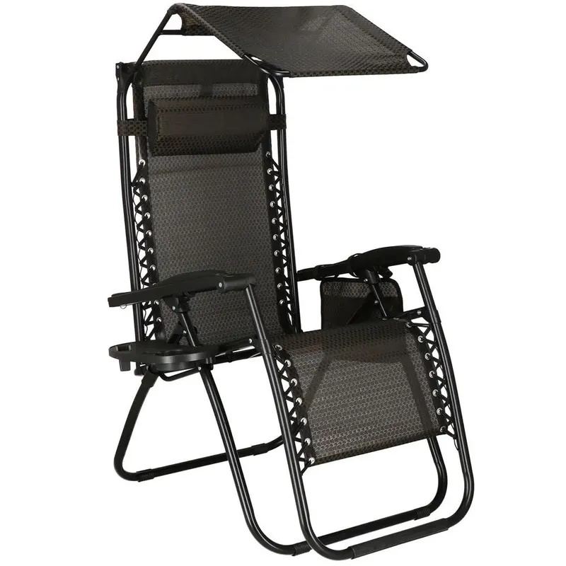 Sezlong pliabil cu parasolar si suport pahare, spatar blocare pozitie, textilene impermeabil, max 130 kg, 77x110x175 cm, maro