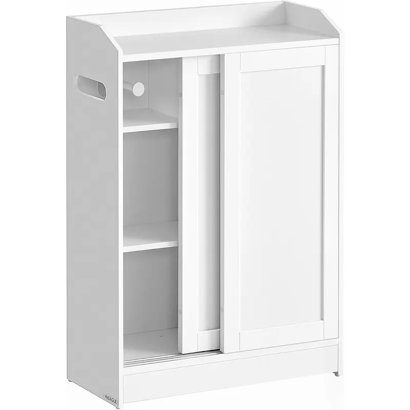 Dulap baie ingust, cu suport hartie igienica si compartiment perie WC, usi glisante, rafturi reglabile, 20x60x80 cm, alb