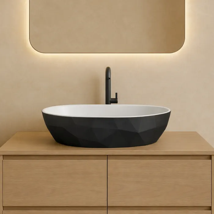 Lavoar pe blat compozit negru cu alb, oval, forme 3D, Armonia Slim