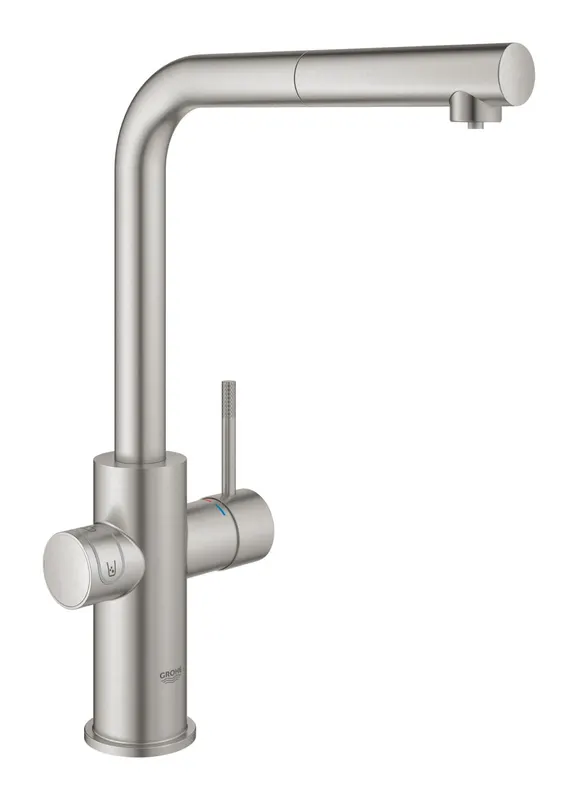 Baterie bucatarie Grohe 101072DC01, Blue Home, inalta, tip L, pentru racitor Blue Home, dus, mat, otel satinat
