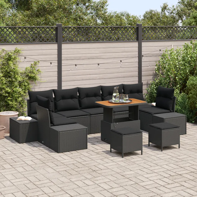 set de sofa de gradina cu 10 piese cu pernute negru poliratan acacia, sofa de gradina cu 2 locuri cu depozitare & pernute negru poliratan, set de dining de gradina cu 3 piese cu pernute negru poliratan acacia