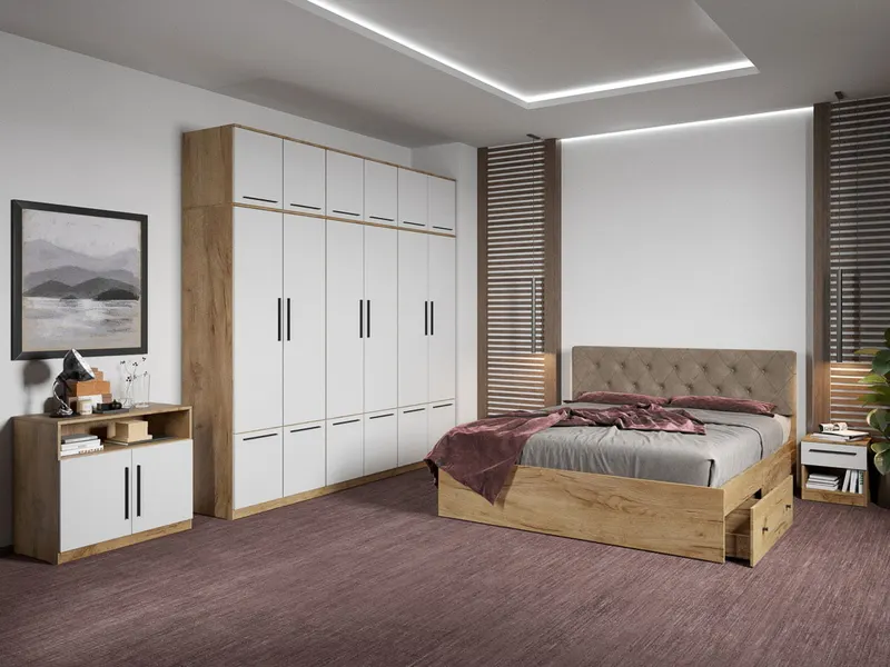 Set dormitor complet Stejar Auriu cu comoda - Madrid - C92