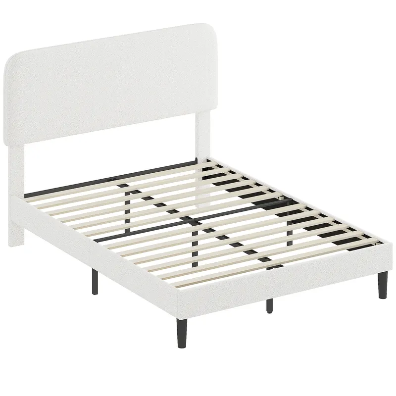 HOMCOM Cadru de pat 140x190cm cu somieră, tăblie reglabilă, pat dublu tapițat în velur Teddy, lamele metalice, alb