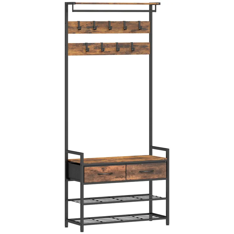 HOMCOM Cuier de Podea 5 în 1, 181,5 cm, cu Bancă și Suport pentru Încălțăminte, 10 Cârlige, Metal, Maro Rustic