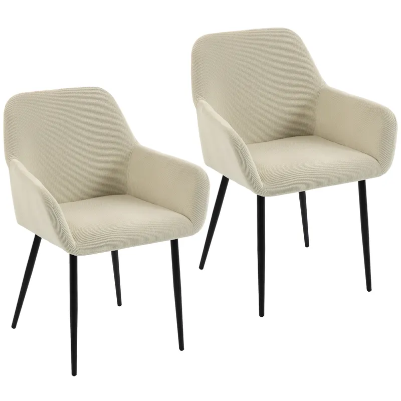 HOMCOM Set de 2 scaune pentru dining, scaune de bucătărie tapițate din velur cu caneluri cu cotiere și spătar, crem
