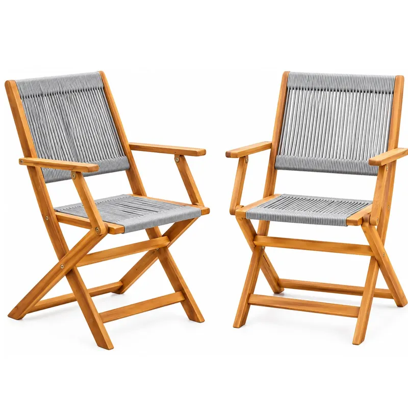 Set 2 scaune pliabile de gradina Sydney, cadru din lemn de salcam si sezut cu spatar din franghie paracord pentru confort si ventilatie, depozitare co