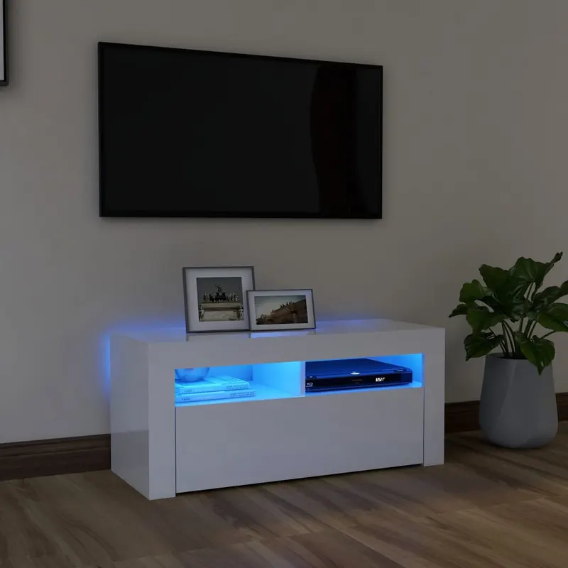 comoda tv cu lumini led, alb extralucios, 90x35x40 cm