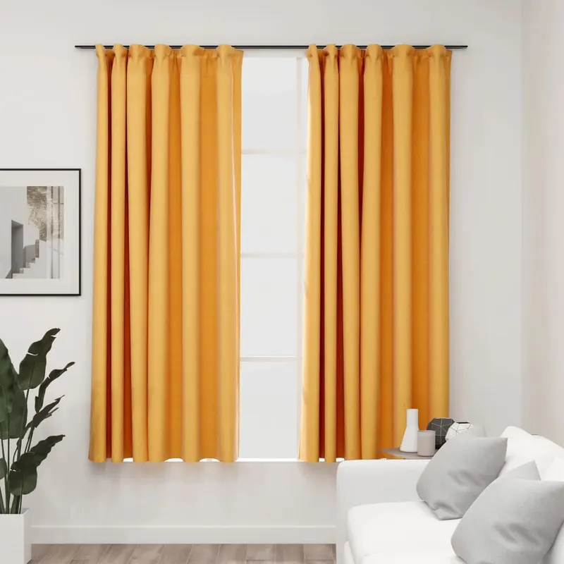 draperii opace aspect in, carlige, 2 buc., galben, 140 x 175 cm