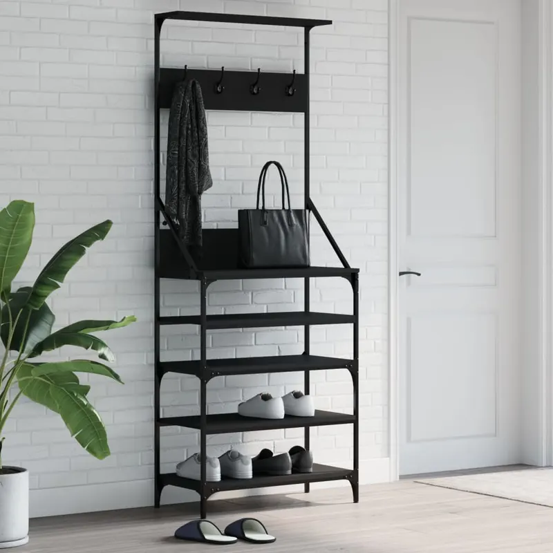 suport de haine cu raft de pantofi, negru, 70x34x184 cm
