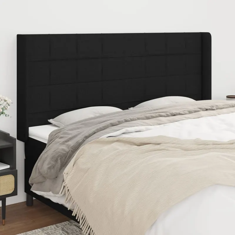 Tablie de pat cu aripioare, negru, 183x16x118/128 cm, textil