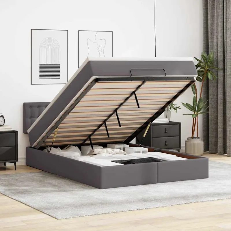 pat otoman cu saltele si leds, gri, 140x200cm, piele ecologica