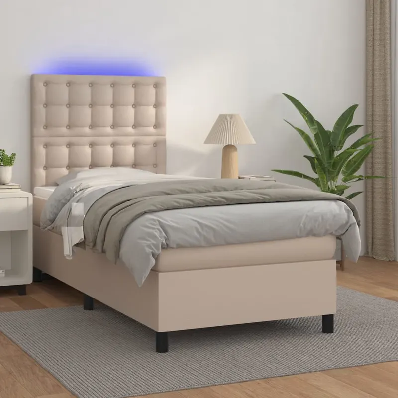 pat cu arcuri, saltea si led, cappuccino, 90x190 cm, piele eco