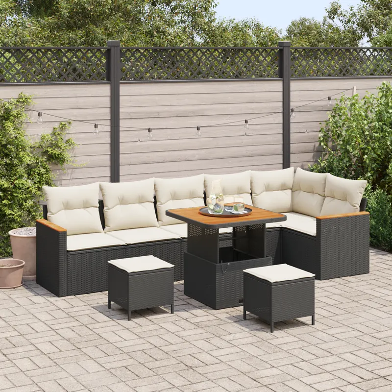 Set canapea gradina 9 piese cu perne negru ratan poliester acacia, set dining gradina 3 piese cu perne negru ratan poliester acacia