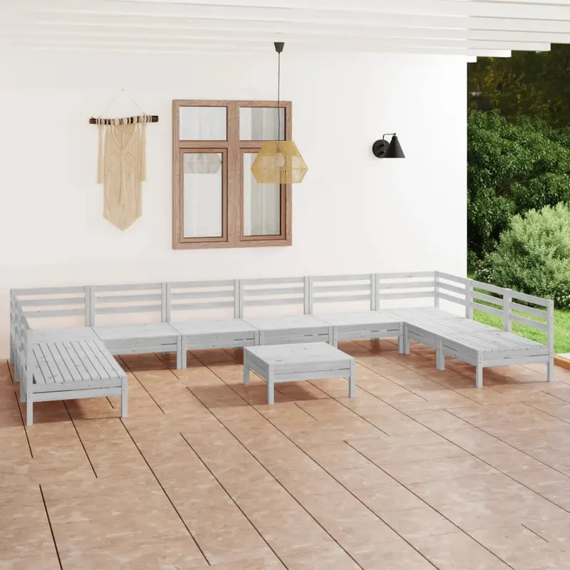 set mobilier gradina, 11 piese, alb, lemn masiv pin