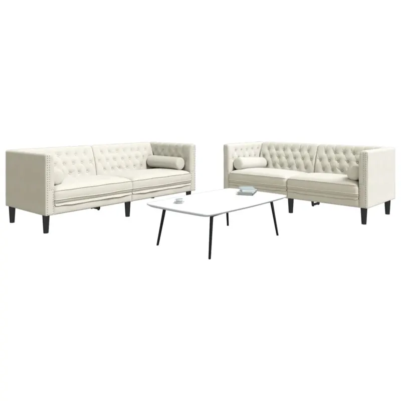 set canapele chesterfield cu perne rulou 2 piese, crem, catifea