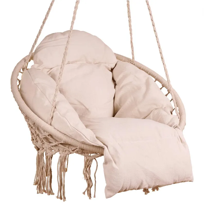 Scaun rotund tip leagan suspendat cu perna Confort Plus, casa sau gradina, ecru