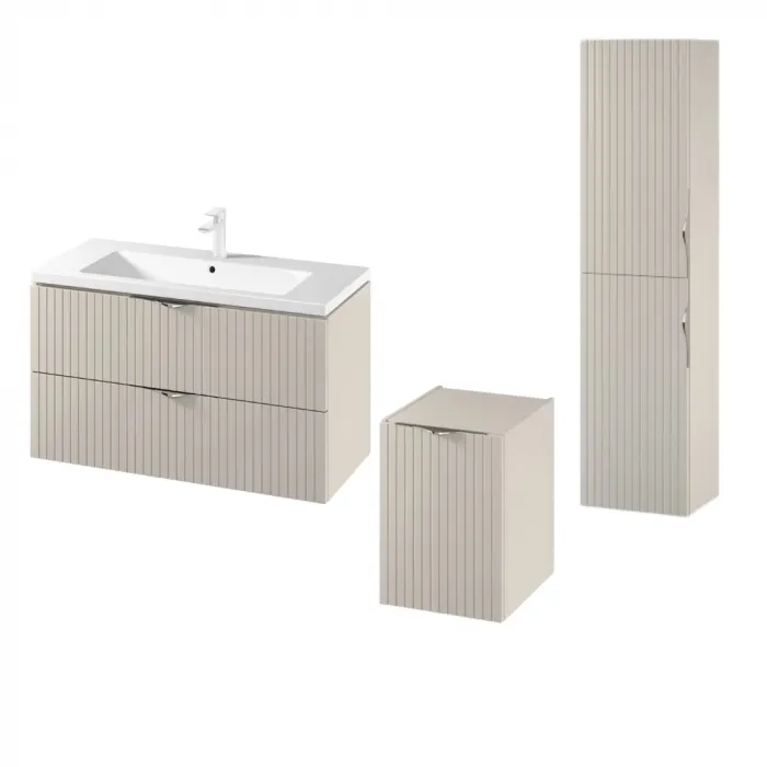 Set dulap baie suspendat 2 sertare si lavoar inclus 100 cm, dulap baie suspendat si dulap baie tip coloana, culoare casmir mat, MDF, Cersanit Tirso