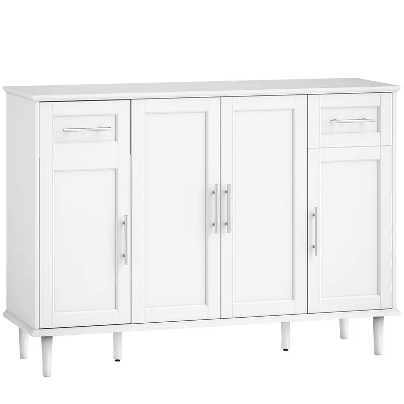 HOMCOM Mobilier de Sufragerie, Credență cu 2 Sertare și 3 Dulapuri cu Rafturi Reglabile, Comodă cu Picioare din Pin pentru Sala de Mese și Bucătărie, 120x38x86 cm, Alb