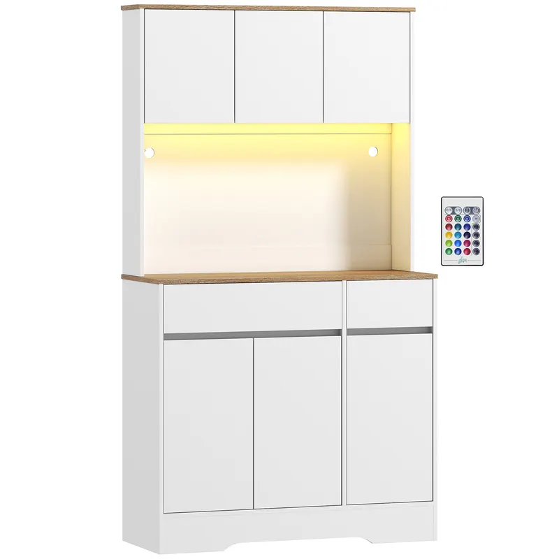 HOMCOM Bufet bucătărie mobilier de bucătărie de depozitare înalt cu lumină LED RGB, blat de lucru, 6 uși, 2 sertare, alb
