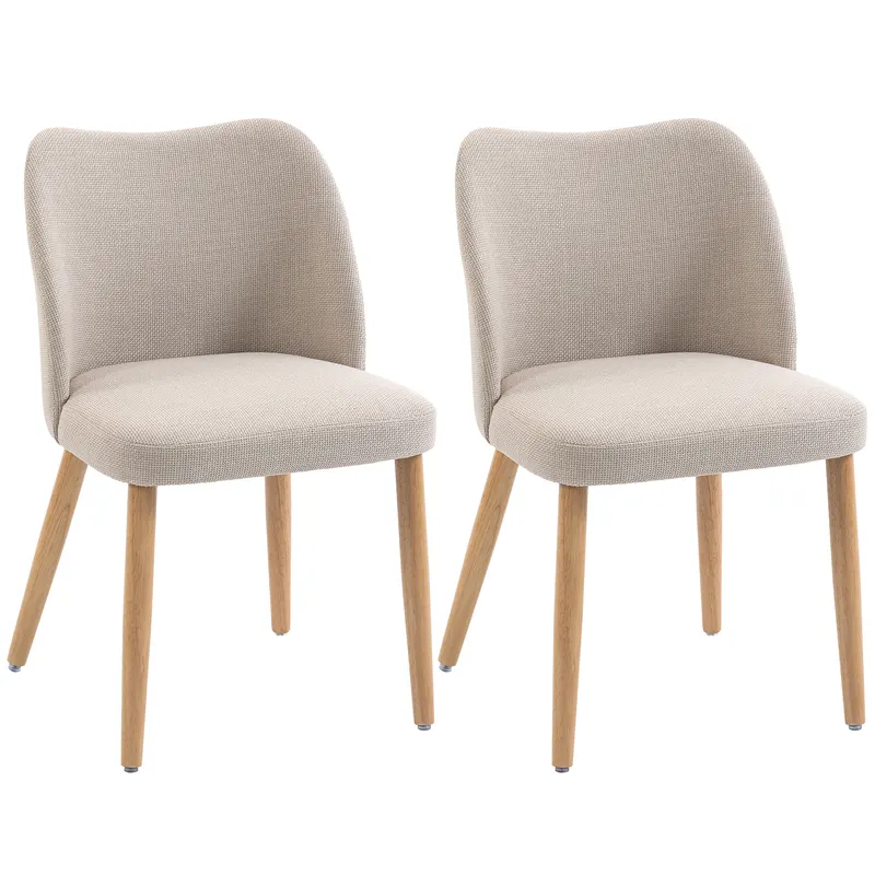HOMCOM Set de 2 Scaune de Masă Moderne, Scaune de Bucătărie cu Tapițerie din In, Șezut Imbătut, Spătar Curbat, Picioare din Lemn de Cauciuc, Ușor de Asamblat, Alb Crem