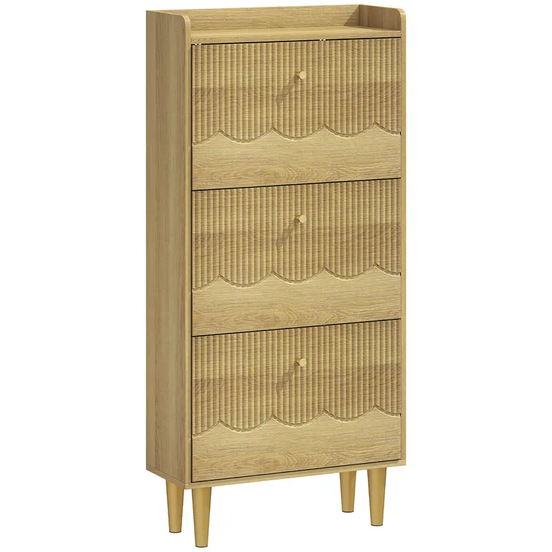 HOMCOM Dulap pentru pantofi 18 perechi, dulap îngust pentru pantofi, 3 sertare rabatabile étagères réglables, 60x24x128cm, stejar