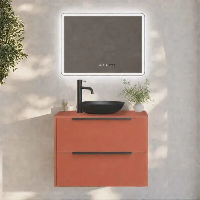 Mobilier baie suspendat pentru lavoar pe blat 80x46 cm, 2 sertare cu inchidere soft close, mattone, cu manere negre, Fluminia Istria