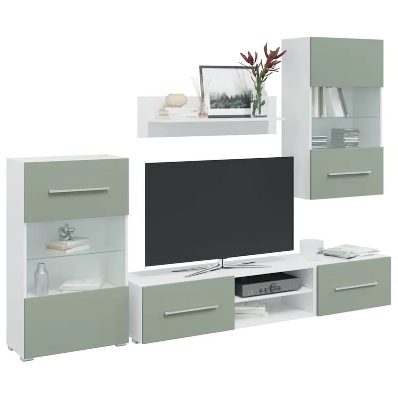 unitati tv 5 piese cu iluminare led lemn prelucrat verde maslin