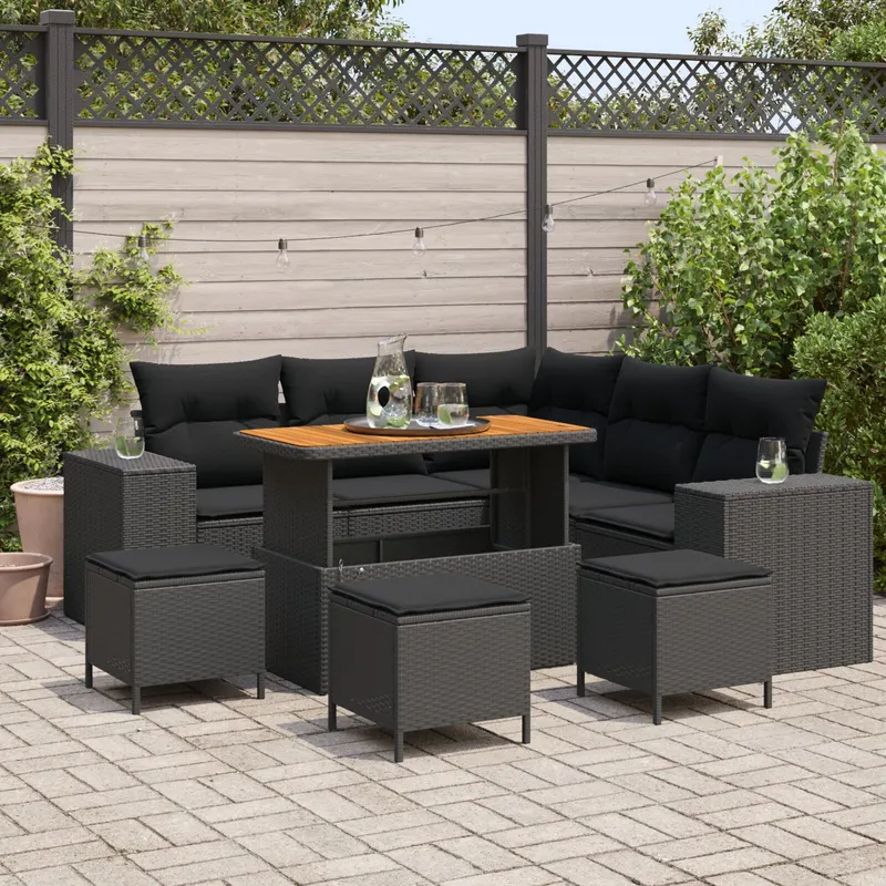 Set de 9 piese pentru gradina cu pernute negru din ratan poliester si acacia, set de mancare pentru gradina cu pernute negru din ratan poliester si acacia