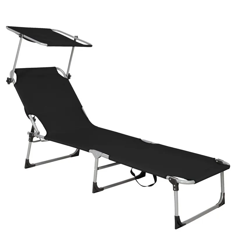 Sezlong pliabil parasolar reglabil 3 pozitii poliester metal, 188x57x38 cm, maxim 120 kg, gri