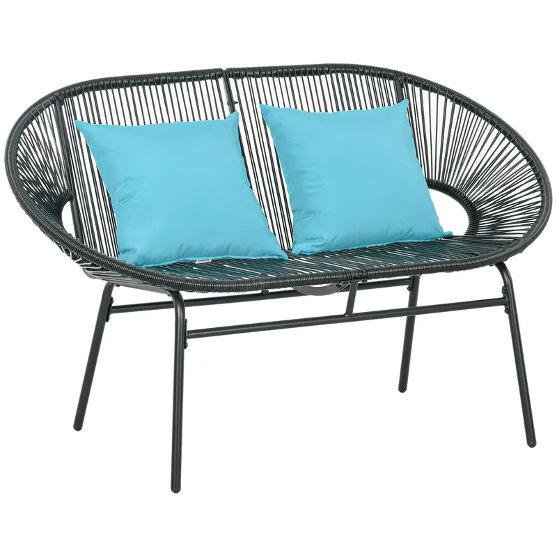 Outsunny Bancă de grădină cu 2 locuri din metal și sfoară din rășină cu 2 perne - dim. 132L x 72l x 83Î cm - negru