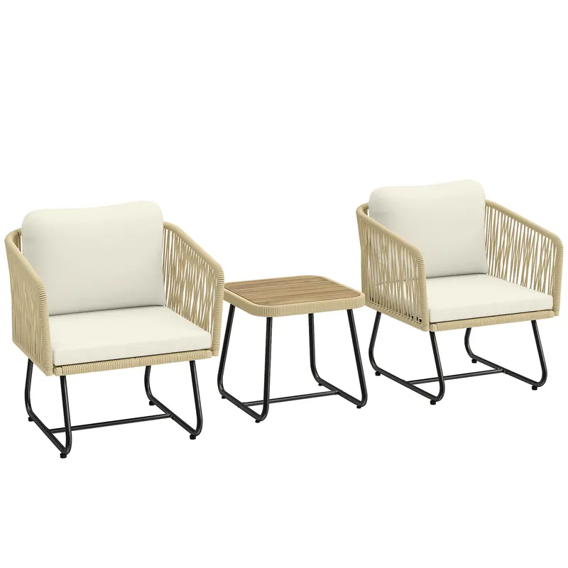 Outsunny Set bistro din ratan 3 piese FSC set mobilier de grădină cu 2 fotolii, masă din lemn cu lamele, perne groase lavabile, cadru din oțel
