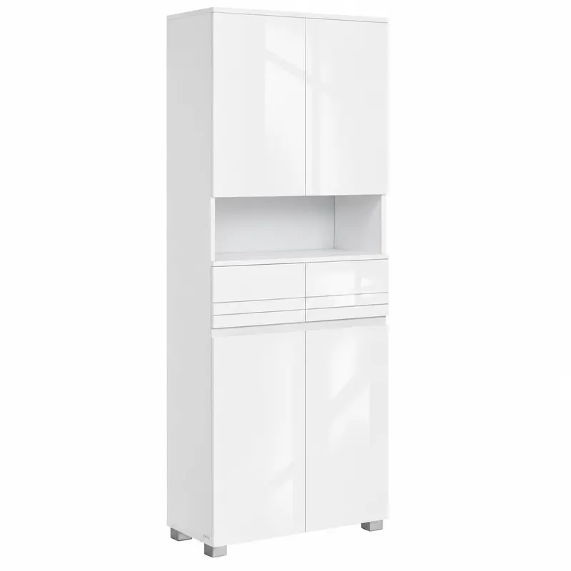 Dulap inalt de baie cu 2 dulapuri inchise, 2 sertare si compartiment deschis pentru organizarea prosoapelor si cosmeticelor, rafturi reglabile
