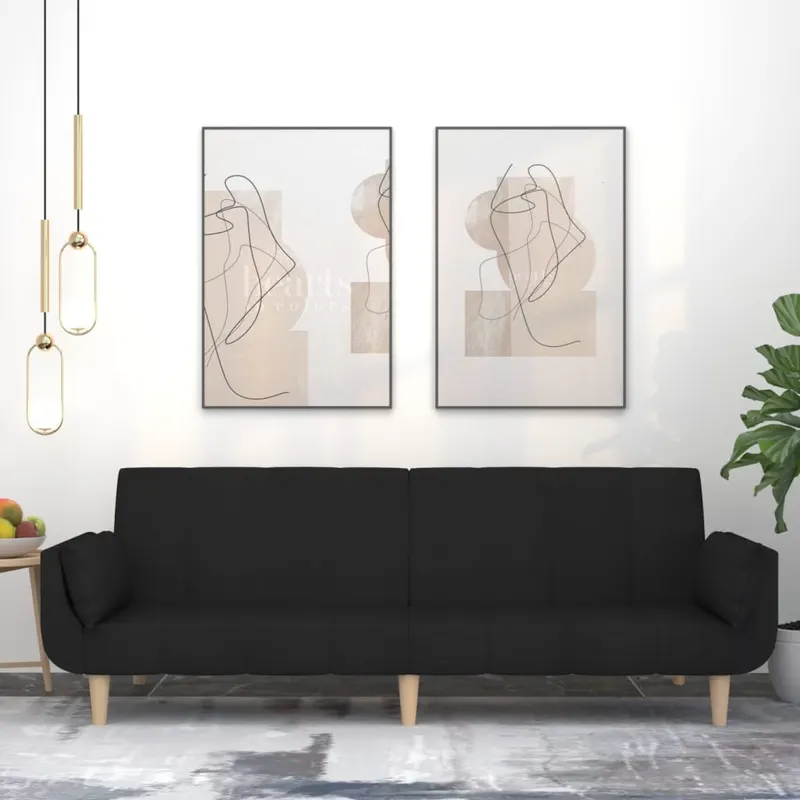 canapea extensibila cu 2 locuri, 2 perne, negru, textil